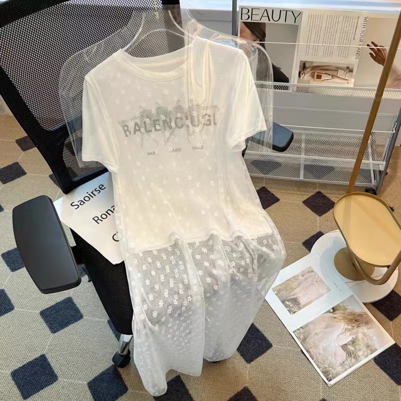 网纱韩国东大门春夏新款减龄短袖T恤拼接网纱透明裙假两件长T恤