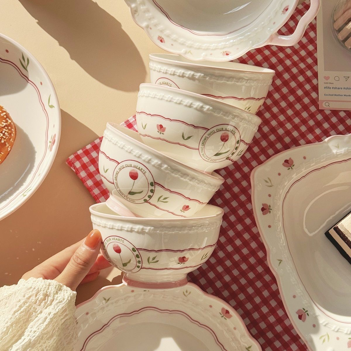 【四碗】游离花园陶瓷餐具网红饭碗家用宿舍吃饭釉下彩碗可微波炉