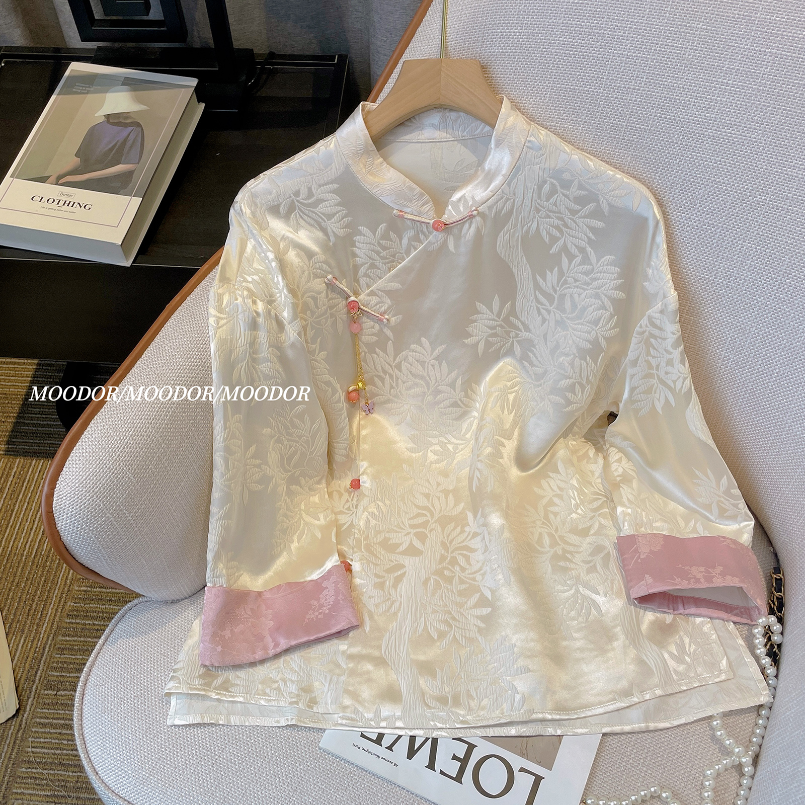 新中式女装国风提花衬衫春季内搭衬衣缎面醋酸上衣宽松显瘦3321#