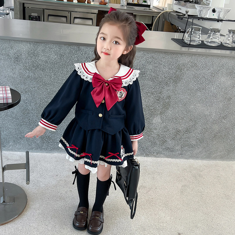 女宝宝学院风jk套装春秋款2024新款小女孩KT猫公主裙子洋气两件套