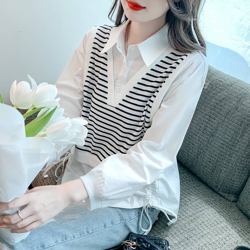 假两件针织拼接条纹衬衫女春秋法式新款设计感小众下摆抽绳上衣潮