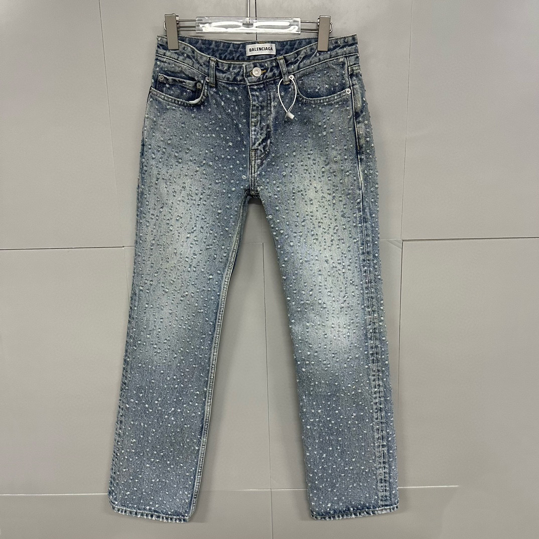 99新 Balenciaga/巴黎世家 浅色磨白纯棉牛仔长裤 28码 D13544
