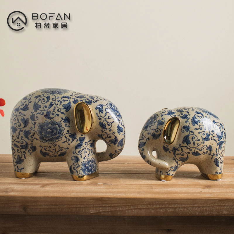 bofan/柏梵【青花大象】复古青花瓷高温陶瓷手工大象玄关摆件装饰品