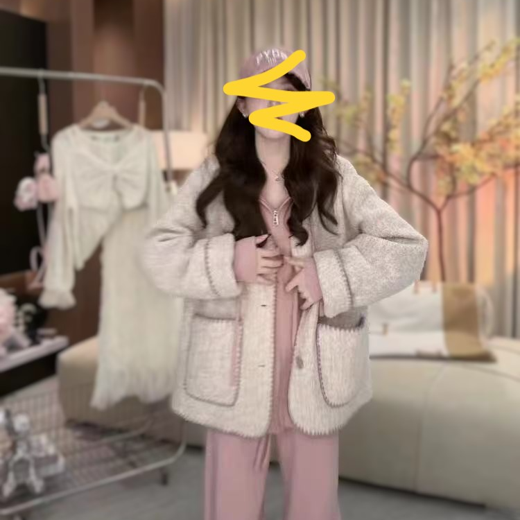 韩版时尚洋气小香风毛呢外套女秋冬新款韩版宽松百搭V领大衣女