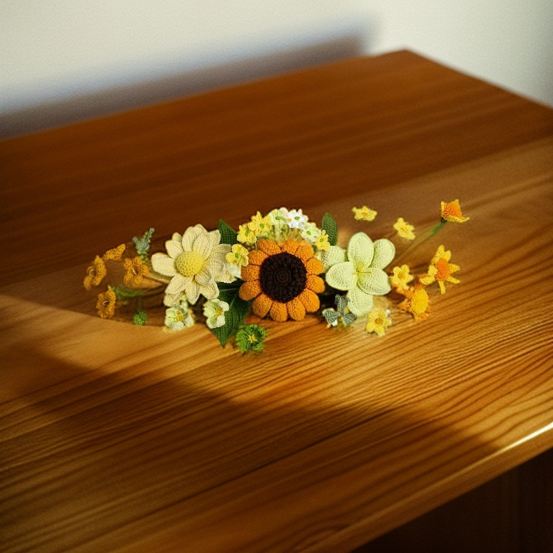 黄橙渐变色中一路生花，纯手工钩织毛线花花，车载花