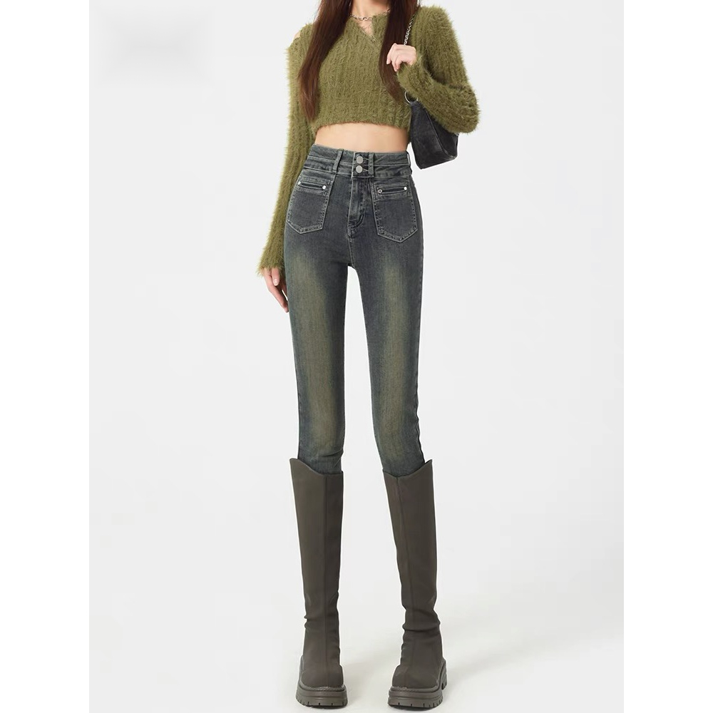 紧身小脚牛仔裤女2023年秋冬季新款加绒加厚高腰紧身显瘦铅笔裤