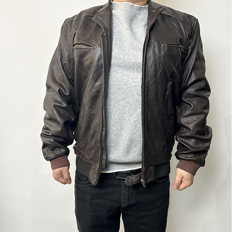 老式59夏飞皮衣男士夏季短款休闲棕色百搭夹克式皮服套装男真皮