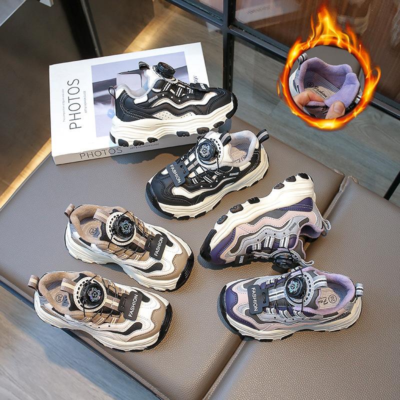 回力瑞儿童旋钮扣老爹鞋女童加绒运动鞋秋冬新款中大童百搭软底鞋