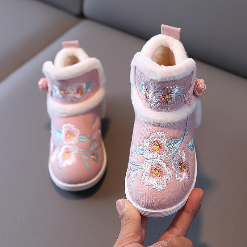 回力瑞汉服靴女童冬绣花鞋加绒古风棉靴汉服鞋中国风小公主雪地靴