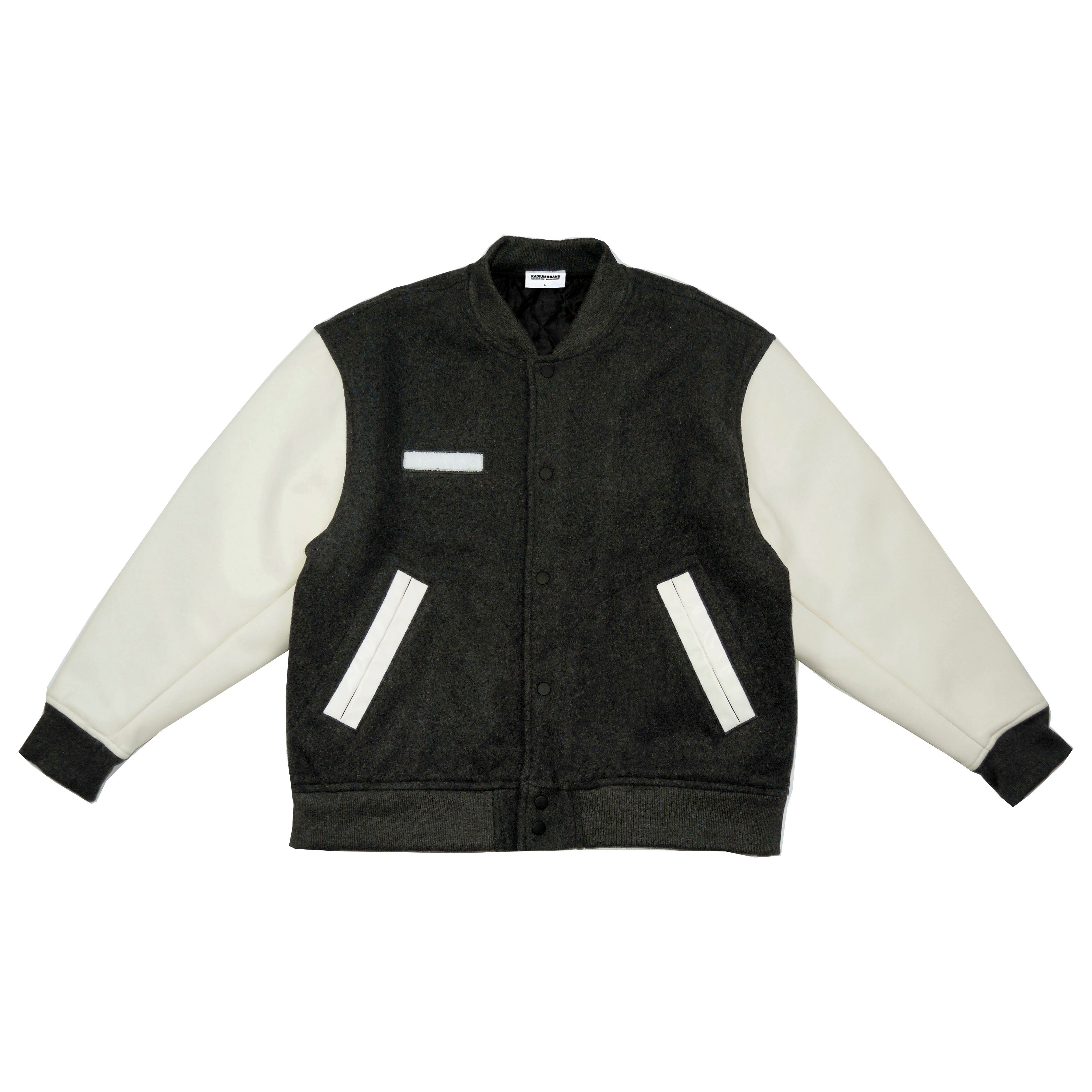 RADIUM 潮牌50%羊毛呢料PU袖日系复古棒球服杜邦棉保暖棉衣外套