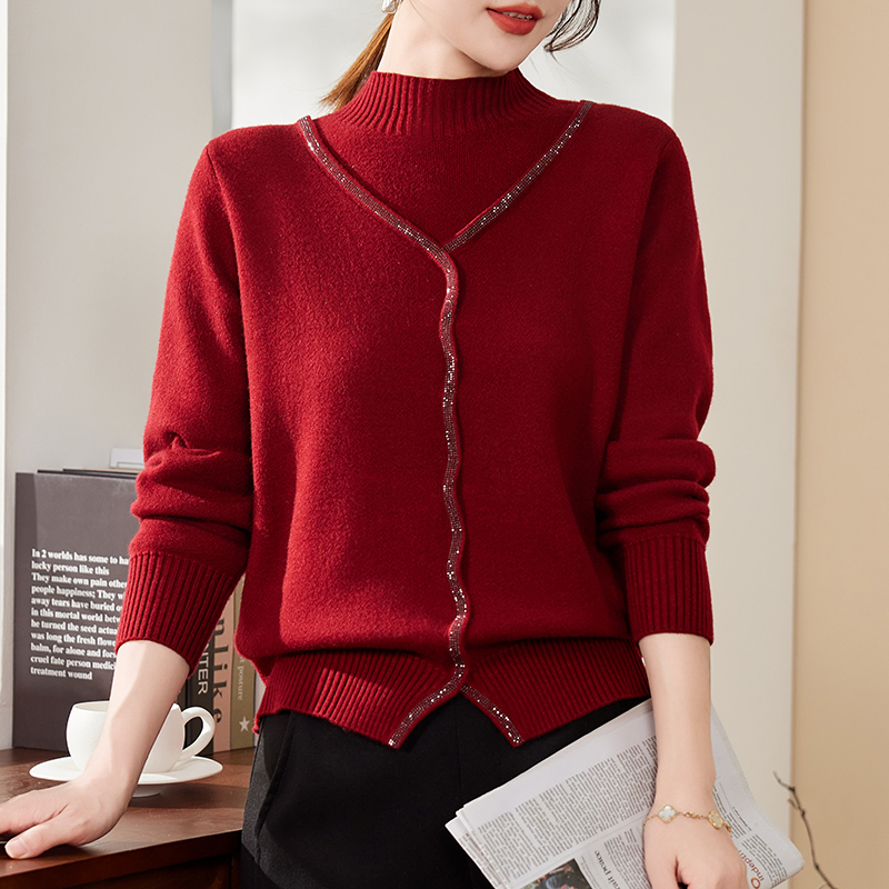 中年妈妈冬装针织衫2024新款加绒加厚妈妈装秋冬打底毛衣假两件衣