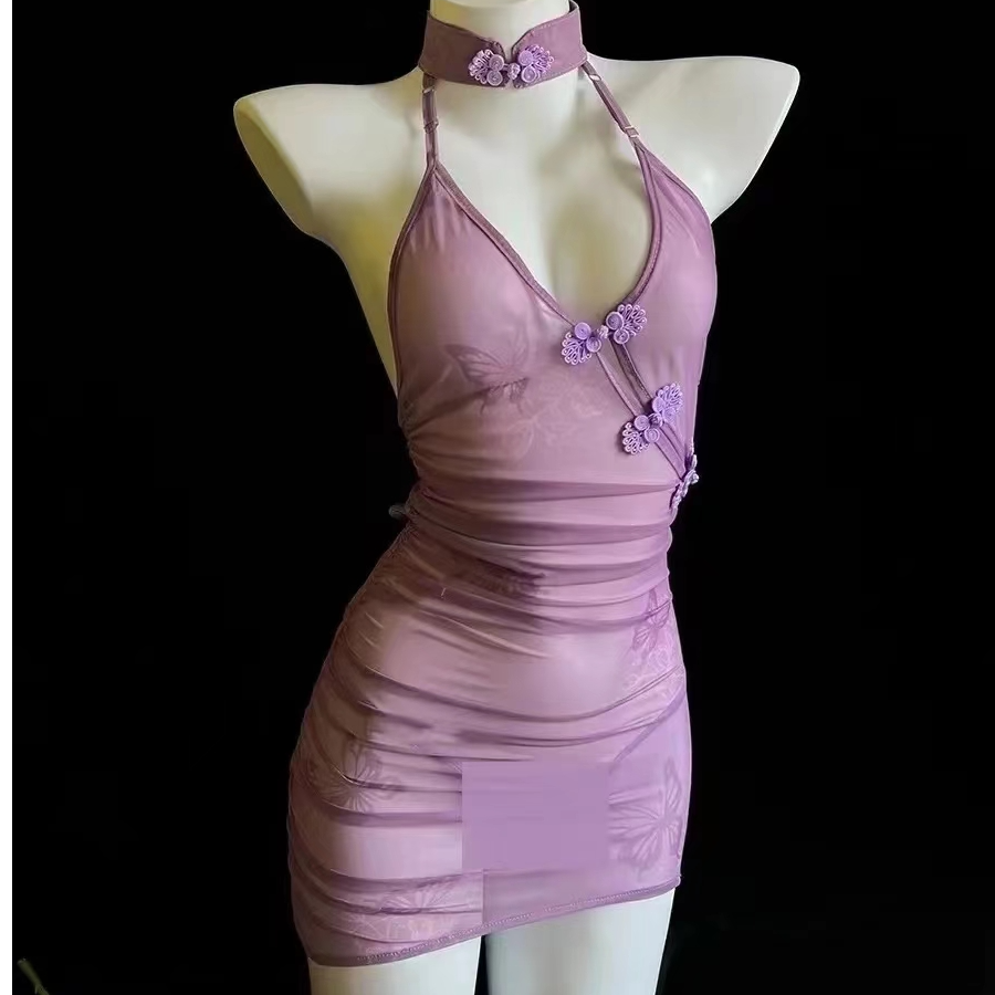 2024新款淡紫色蝴蝶国风新中式旗袍风睡裙诱惑性感睡衣