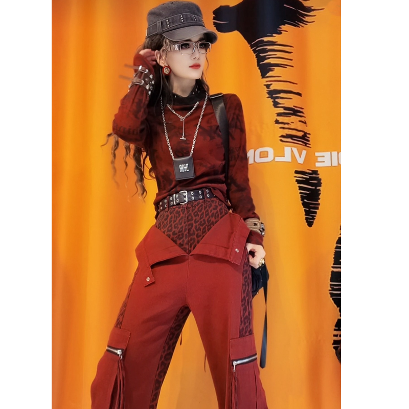 长袖红色打底衫女秋冬2024新款小个子修身内搭短款收腰扎染上衣潮