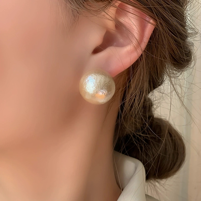 铜合金耳饰 s925银针复古法式尤莱特棉花珍珠大耳钉气质温柔女
