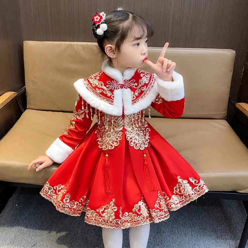 女童唐装汉服儿童装冬季过年衣服拜年女孩秋冬裙子女宝新年拜年服