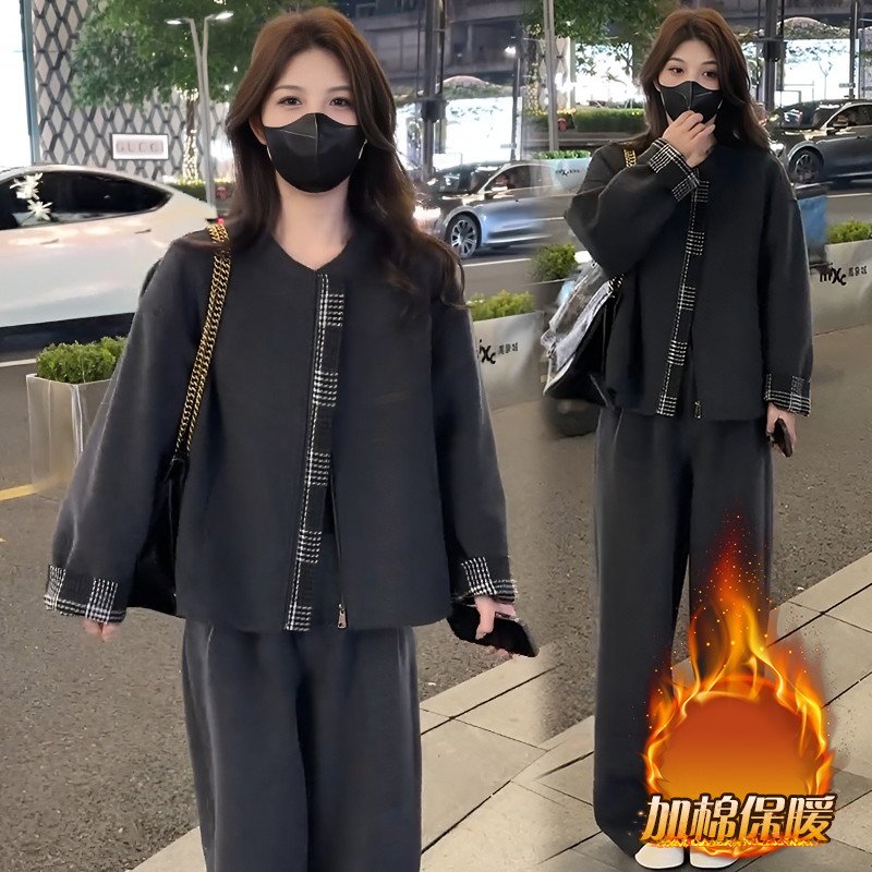 2024秋冬季新款加棉保暖洋气小香风显瘦外套宽松阔腿裤两件套女潮