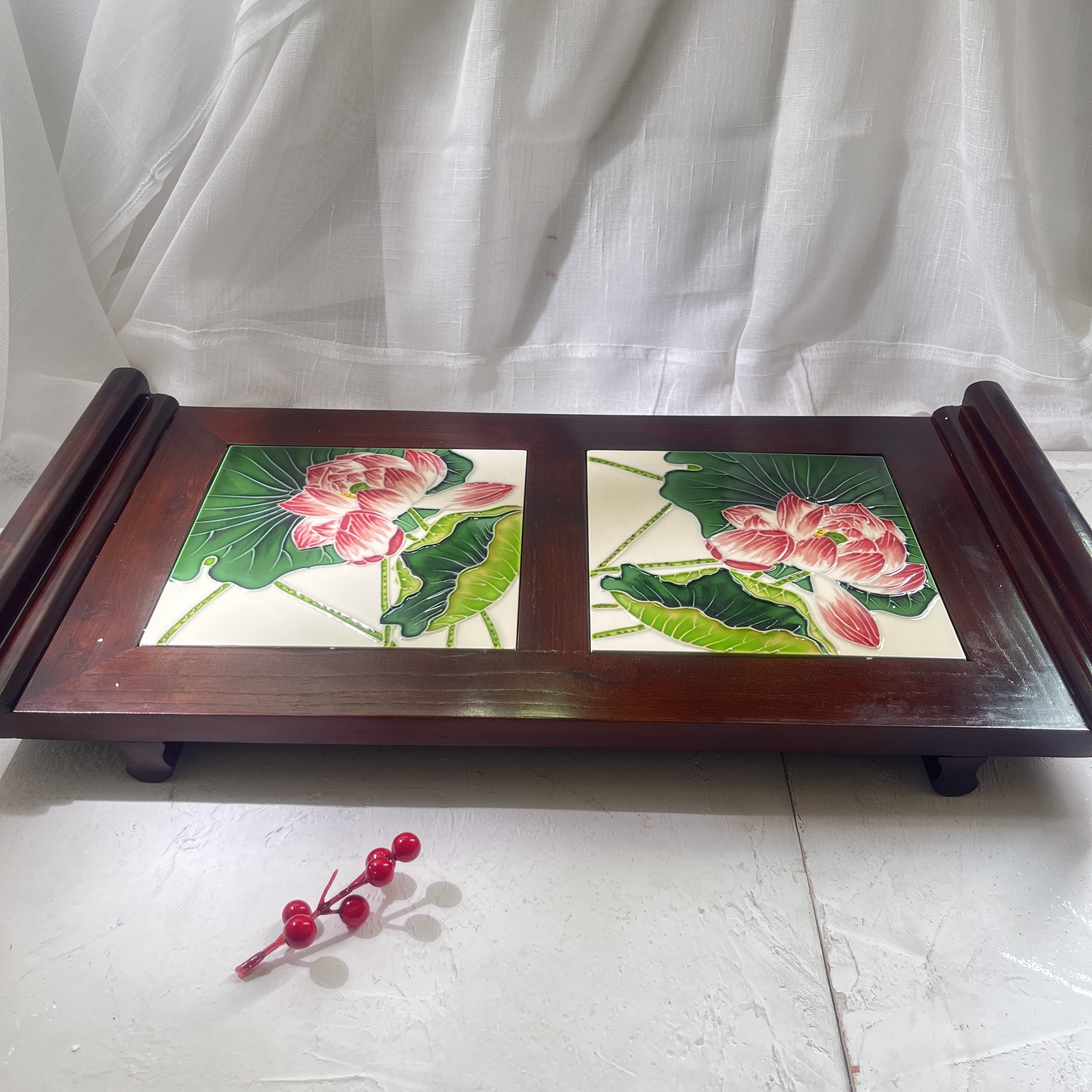 【绿叶荷花】62.4×30.2×9cm 瓷板画 大长托盘F3320