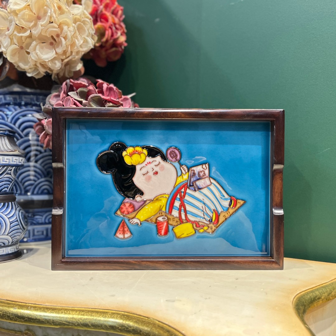 【小胖妞】33*23cm长方形 瓷板画 托盘