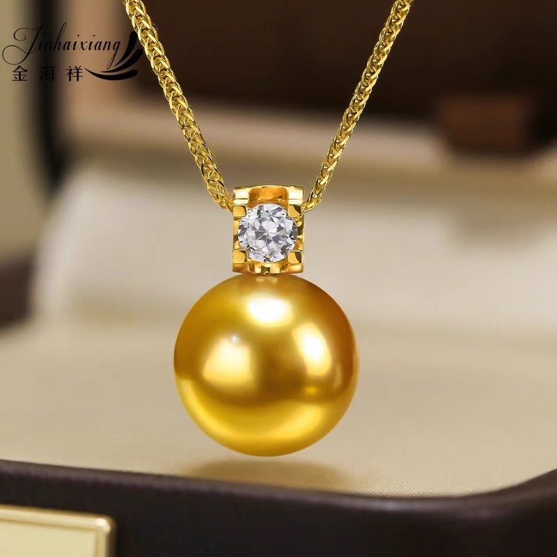 金海祥南洋天然浓金珍珠吊坠项链18K金戴妃牛头款简约款珍珠吊坠