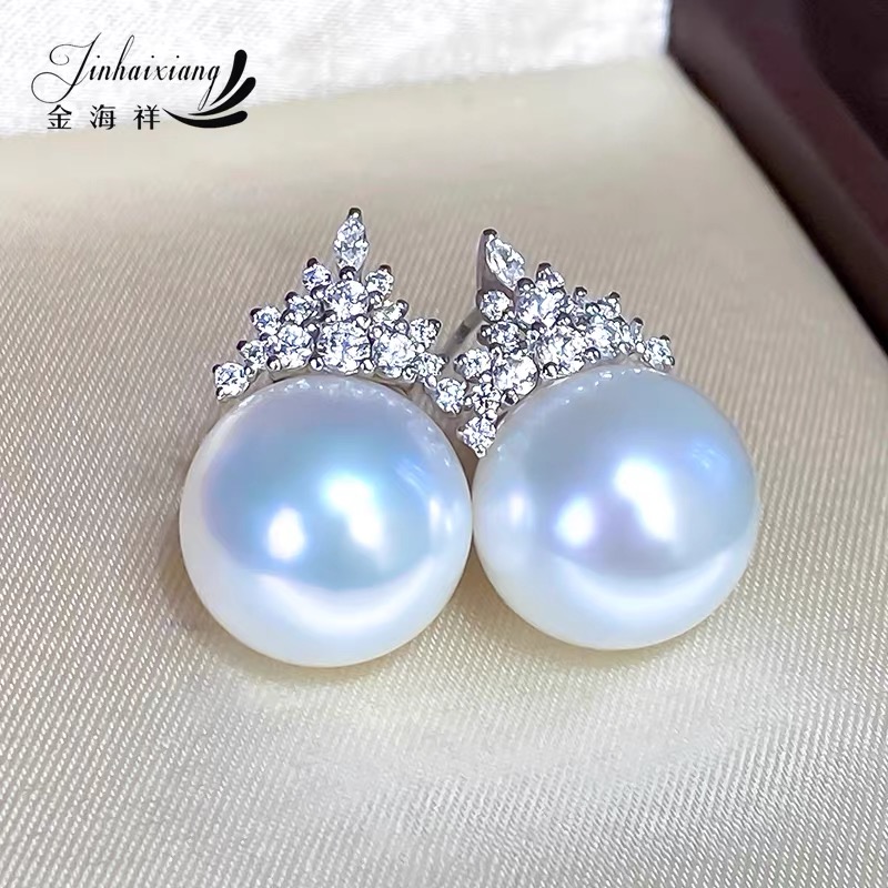 金海祥冷光澳白海水珍珠耳环耳勾12-13mm18K金正圆强光冰雪女王
