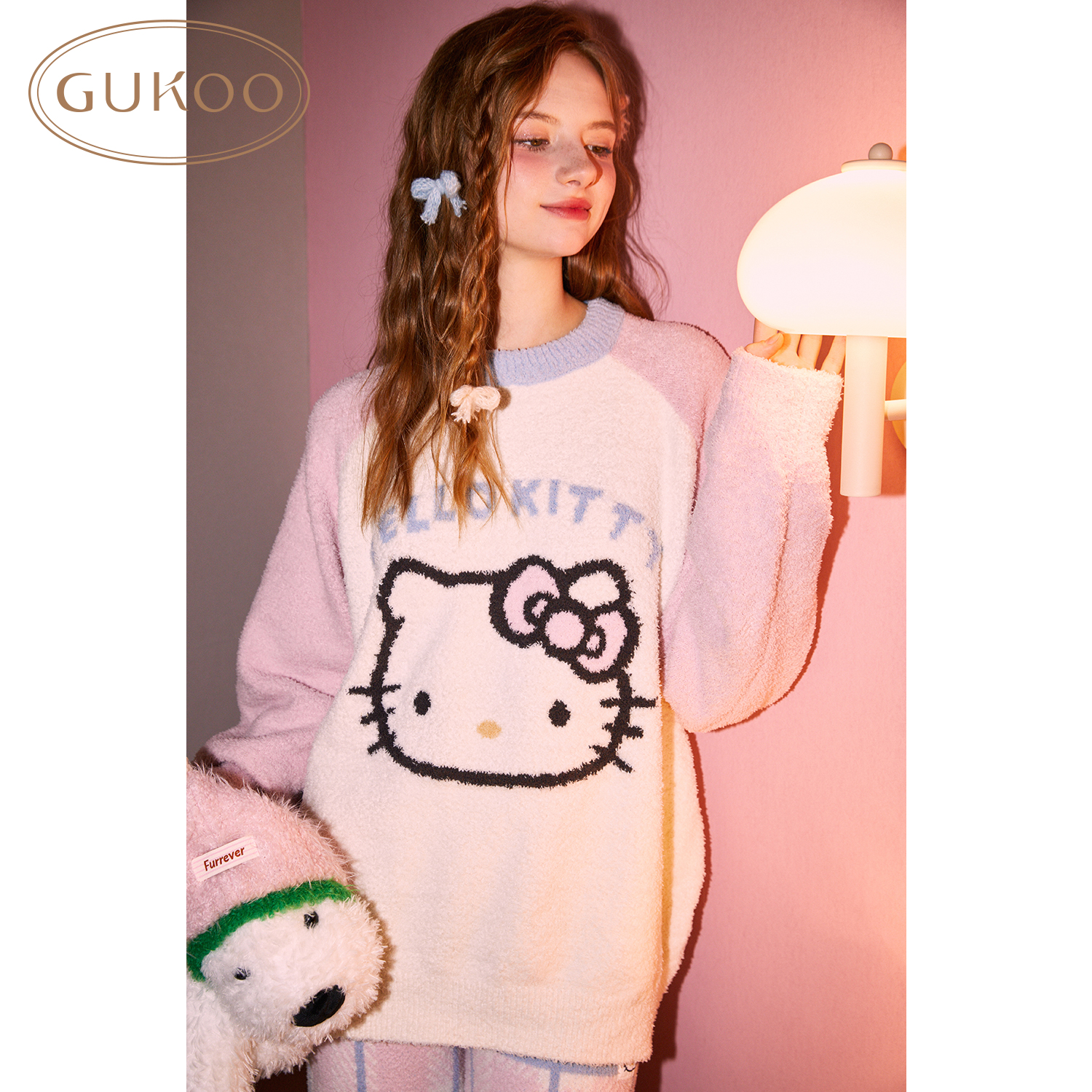 Gukoo果壳秋冬hellokitty系列雪尼尔半边绒长袖冬套装