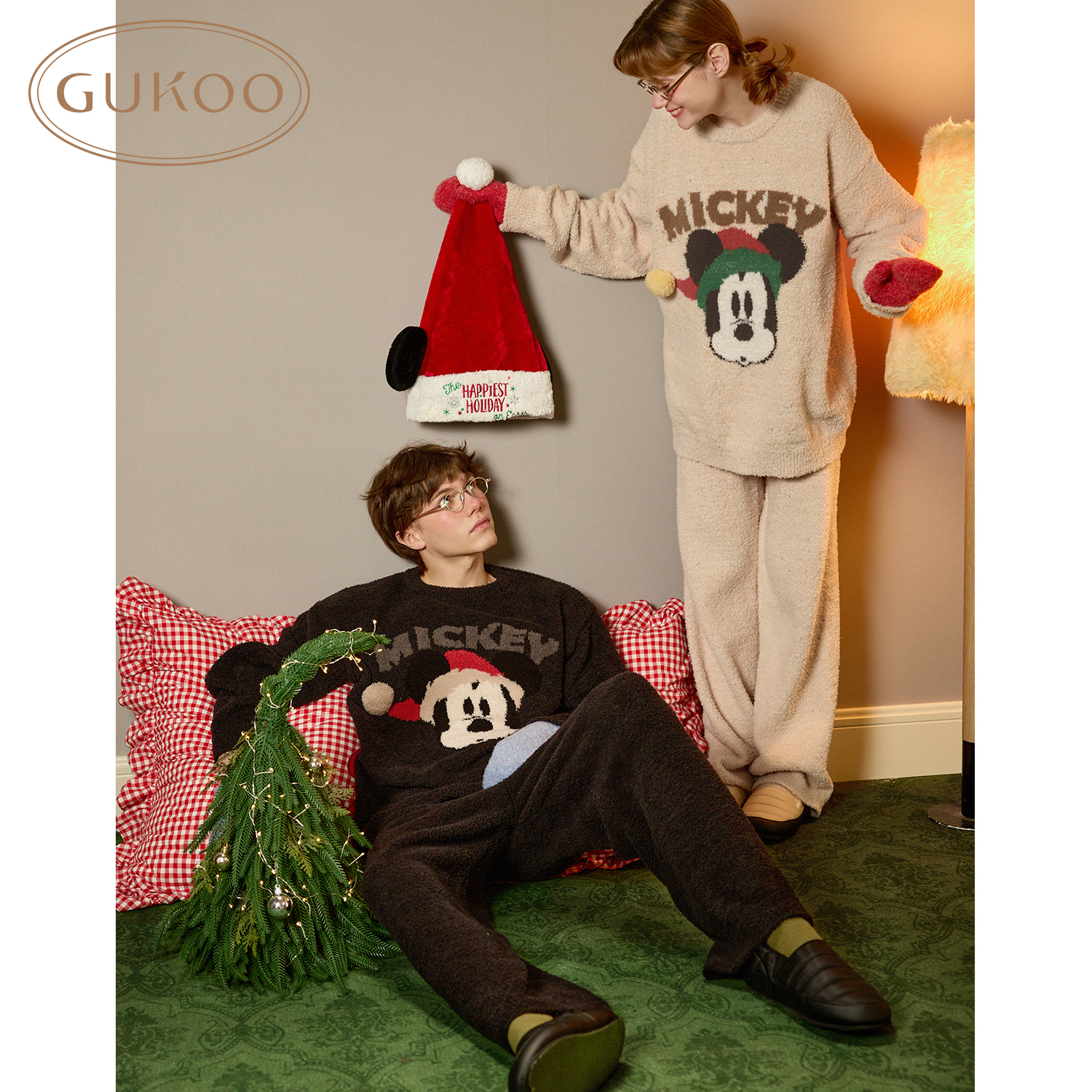 Gukoo/果壳秋冬新款迪士尼米奇家族联名半边绒加厚情侣睡衣