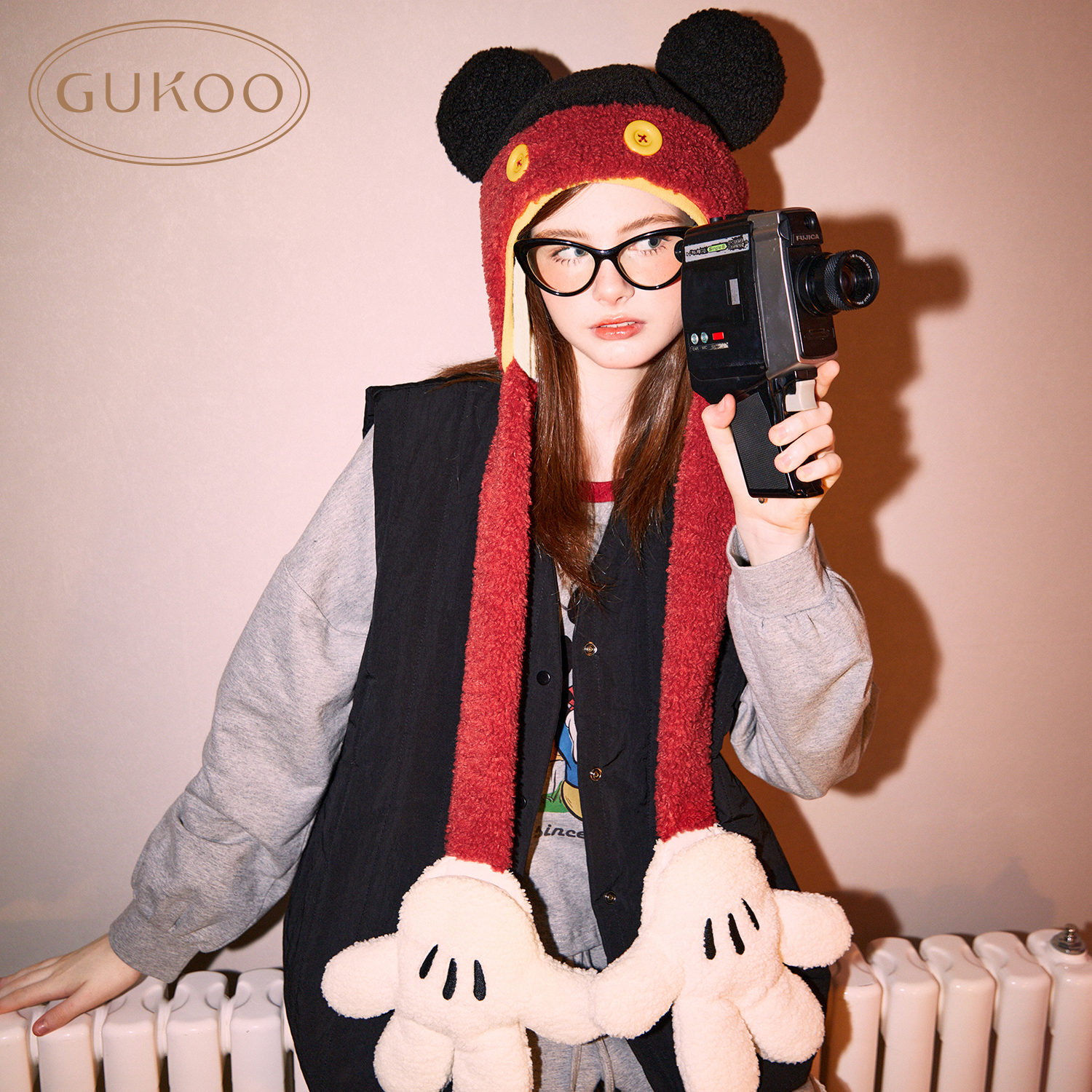 【Gukoo果壳】冬季迪士尼联名新款帽子手套一体保暖护耳米奇棉帽