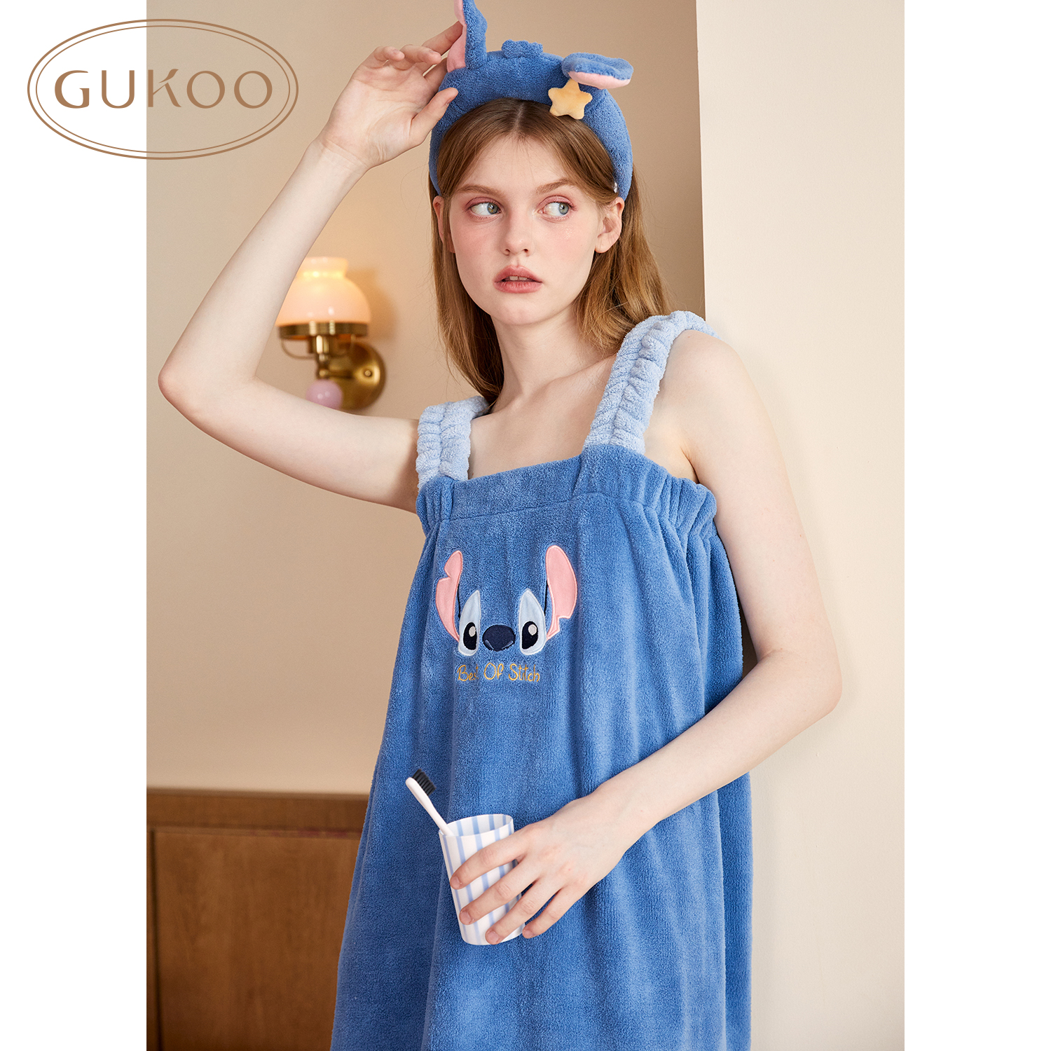 Gukoo/果壳迪士尼史迪仔联名甜美卡通女士浴裙浴帽无袖套装合集