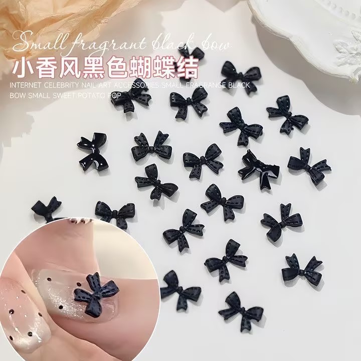 新款波点飘带黑色蝴蝶结小香风美甲饰品ins简约百搭蝴蝶指甲配饰