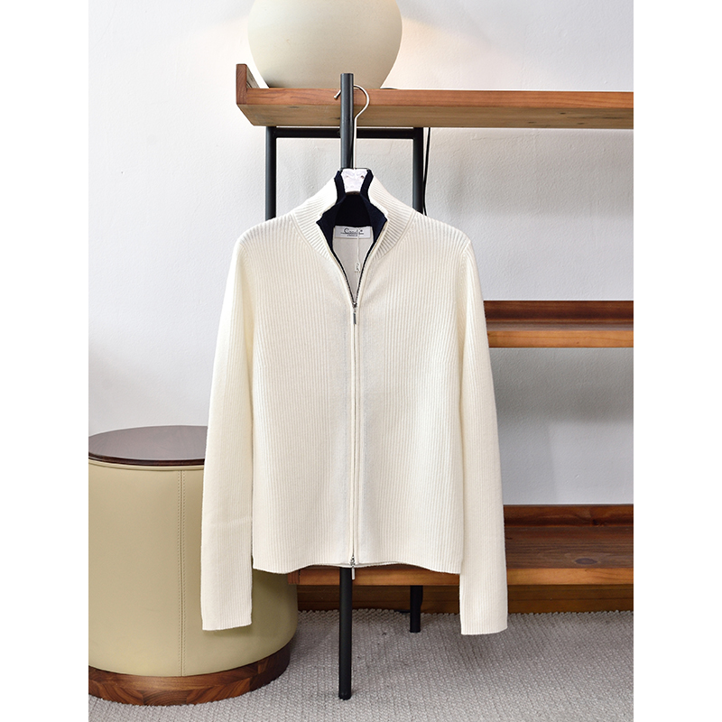 秋冬新品 纯羊绒半高领撞色拉链针织开衫