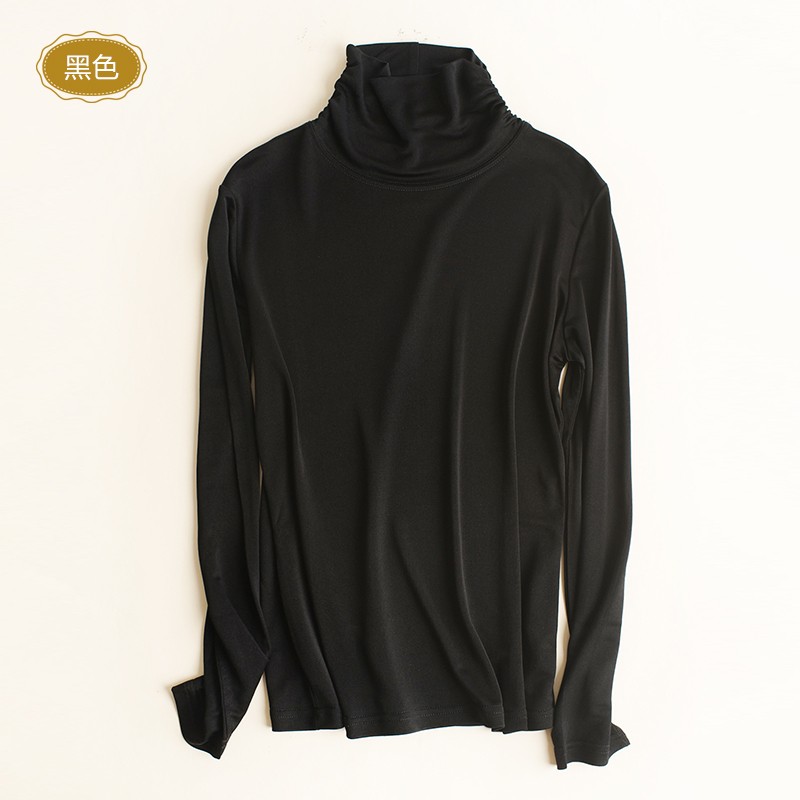 真丝打底衫女正品桑蚕丝双面针织加厚褶皱高领长袖t恤