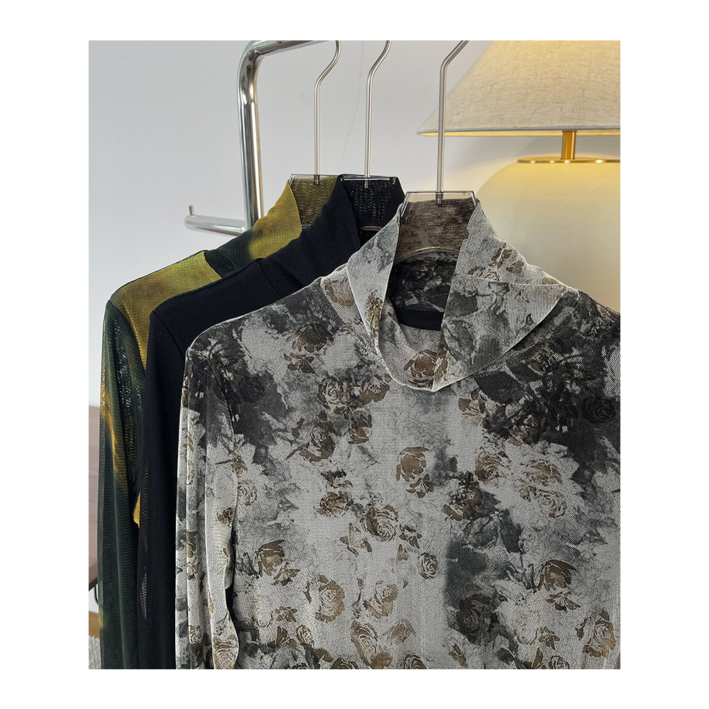 双层真丝网眼高领长袖打底衫女  100%桑蚕丝