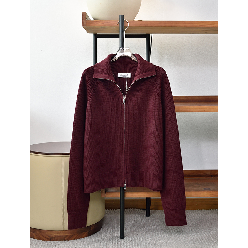 冬季新品 重磅元宝针纯羊毛针织拉链立领开衫女