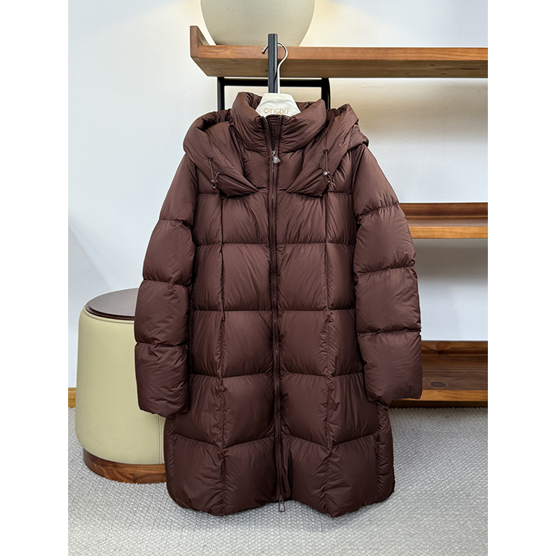 90白鹅绒 中长款连帽抽绳羽绒服