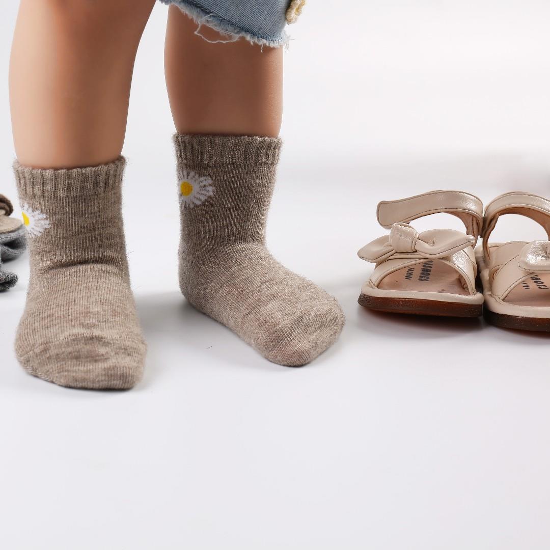 羊毛绒袜子童袜中筒宝宝小雏菊纯色保暖五双装儿童透气厚款冬天