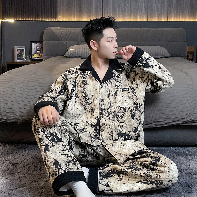 300斤特大码秋冬空气棉夹层男士款睡衣加肥青少年宽松休闲家居服