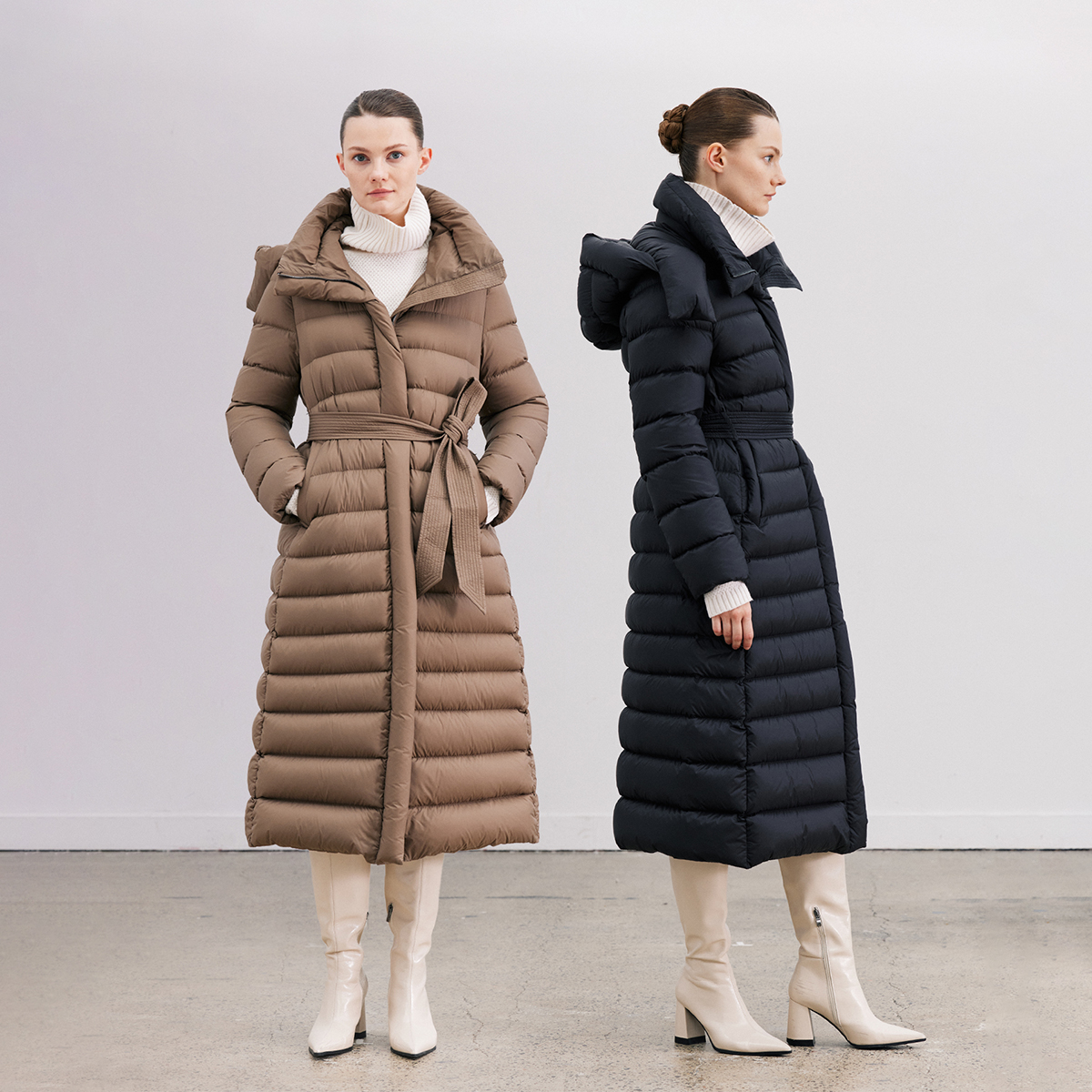 QIQIFUR 带帽长款羽绒服防风微A型金属拉链连帽90鹅绒羽绒服女