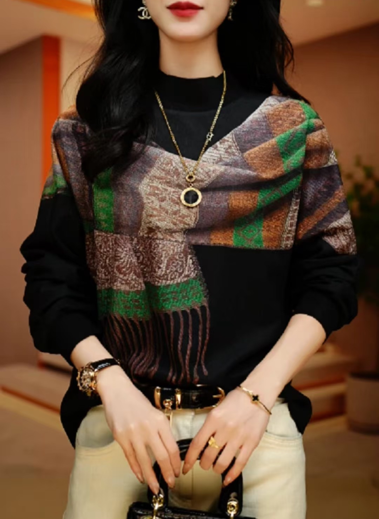 新款高级感海岛棉洋气保暖时尚百搭显瘦圆领上衣秋冬