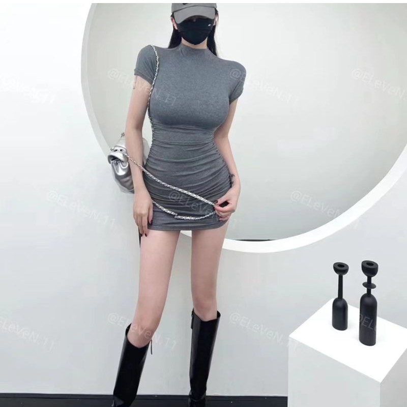 Eeleven-11130秋季修身半高领短袖连衣裙女性感包臀打底高腰短裙
