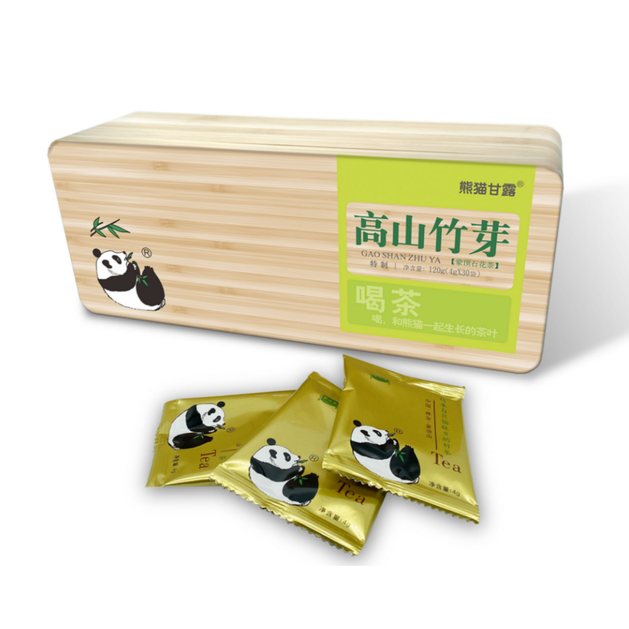 熊猫甘露四川绿茶高山竹芽盒装扁平匀直嫩绿油润香气芬芳送礼佳品