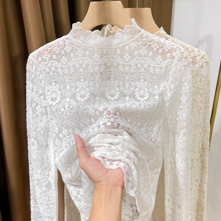 花边领洋气内搭小衫薄款秋冬2024新款半高领蕾丝打底衫女长袖薄款