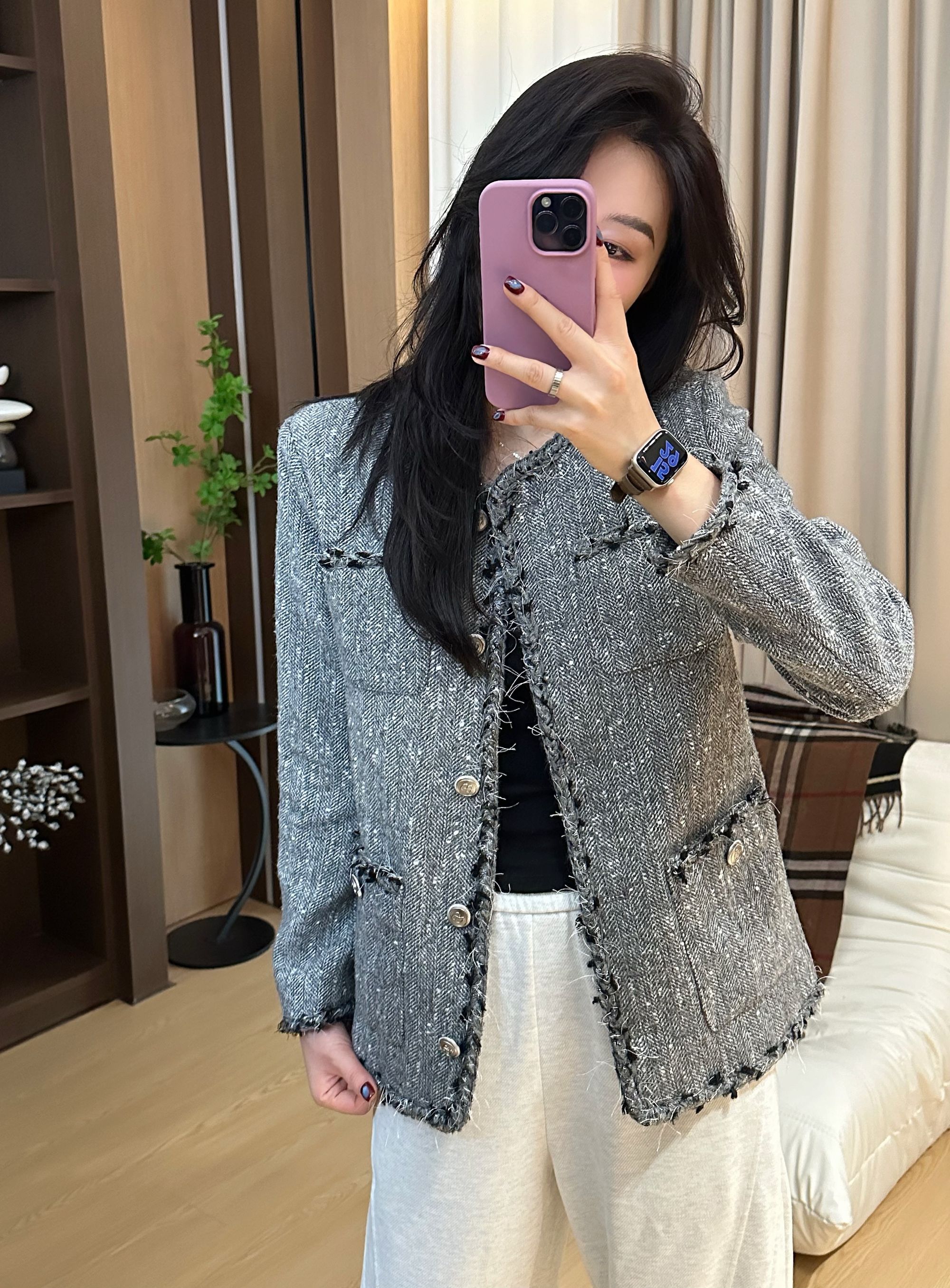 【慵懒午后 】2024秋冬流苏编织圆领气质百搭上衣灰色小香风外套女