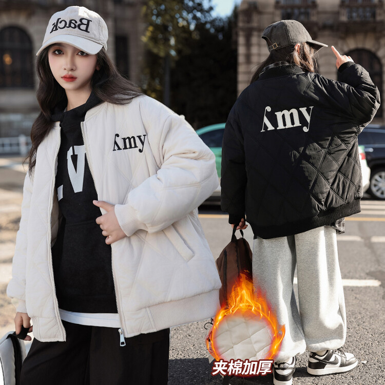 女童连帽外套秋冬2024新款儿童洋气夹棉加厚棉服韩版大童冬季棉衣