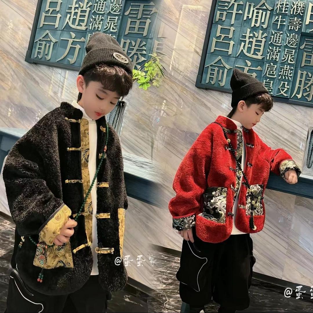 儿童唐装冬装2024新款中大童装过年服红色喜庆男童加绒外套拜年服