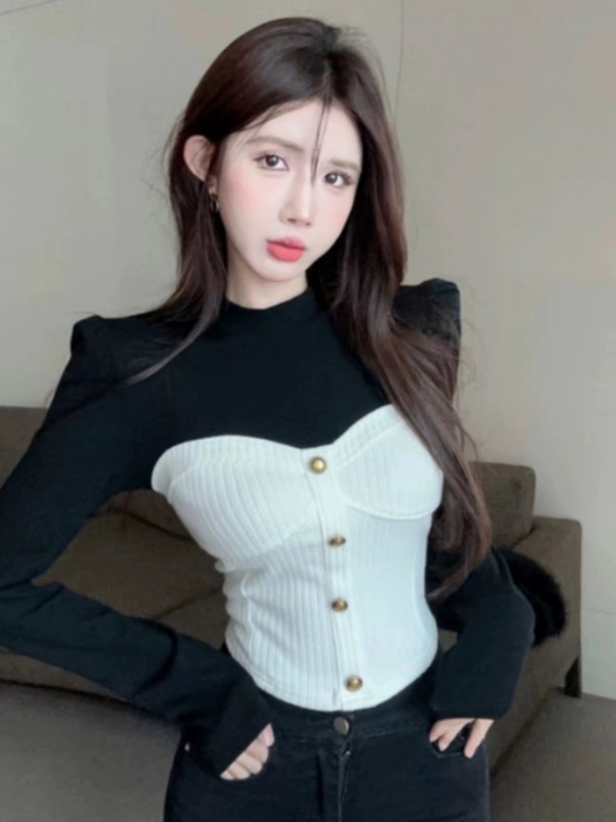 猫猫定制--[T1U]韩版气质甜美撞色拼接设计感修身显瘦洋气T恤上衣