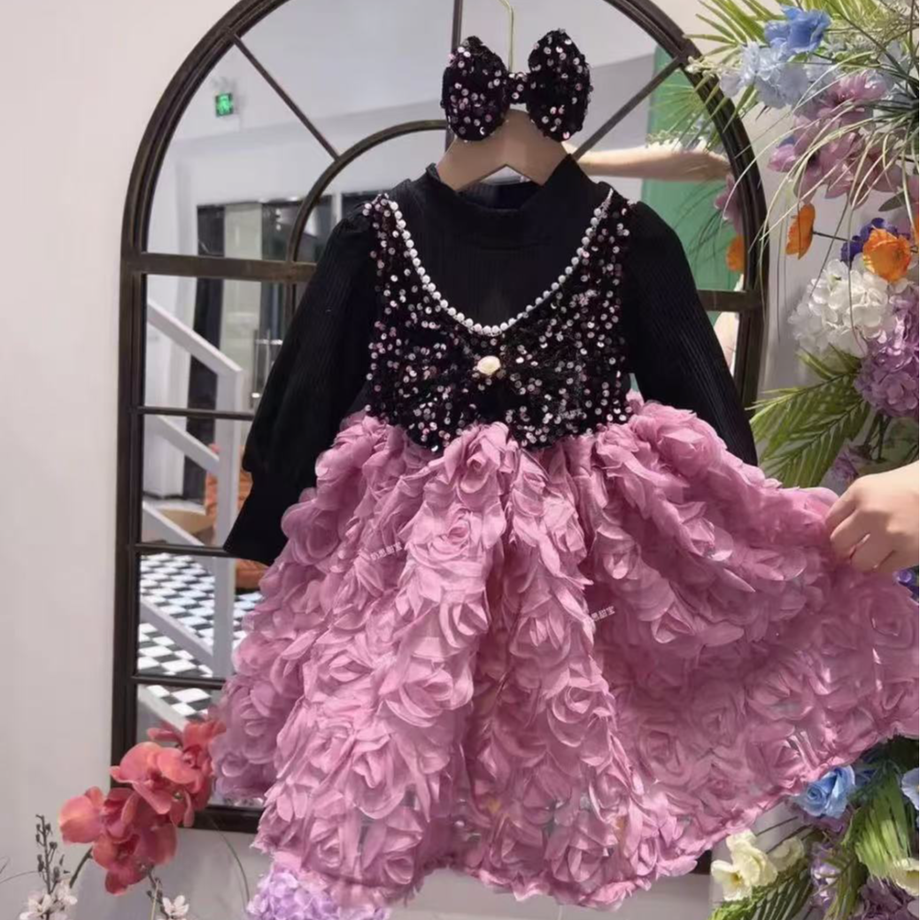 重工刺绣玫瑰花公主裙女童长袖秋冬亮片礼服裙表演服小女孩花童