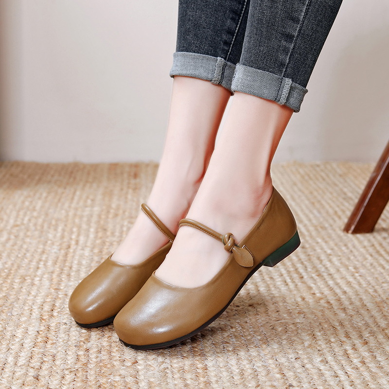 春秋真皮复古浅口女单鞋中老年圆头软底防滑舒适平底妈妈鞋