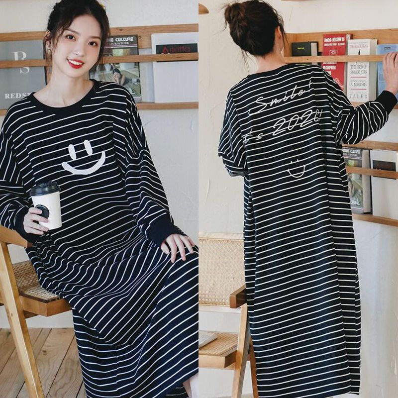 长袖睡裙秋冬可爱甜美宽松卡通印花睡衣女春秋季大码中长款家居服