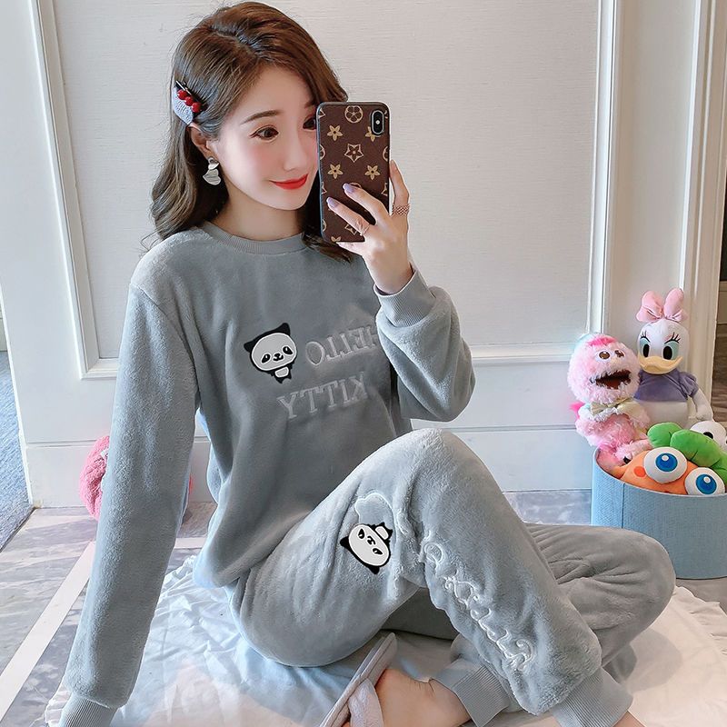 睡衣女秋冬加厚珊瑚绒睡衣女法兰绒家居服可爱卡通韩长袖套装