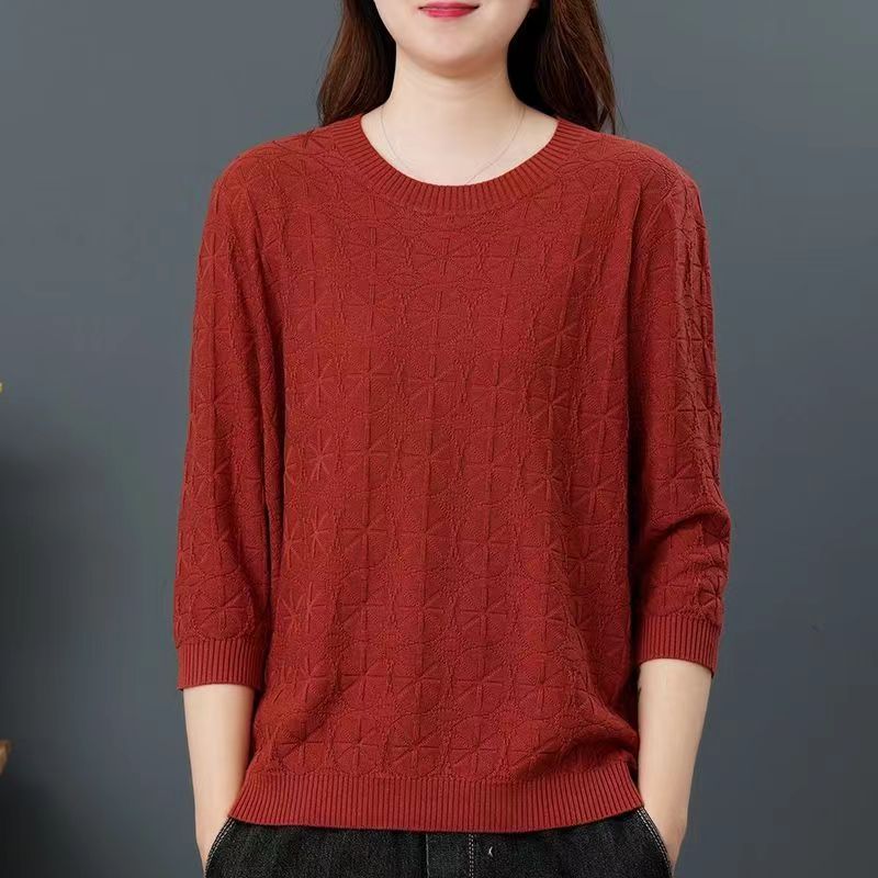 春秋薄款圆领中袖宽松遮肉纯色复古文艺时尚针织衫上衣